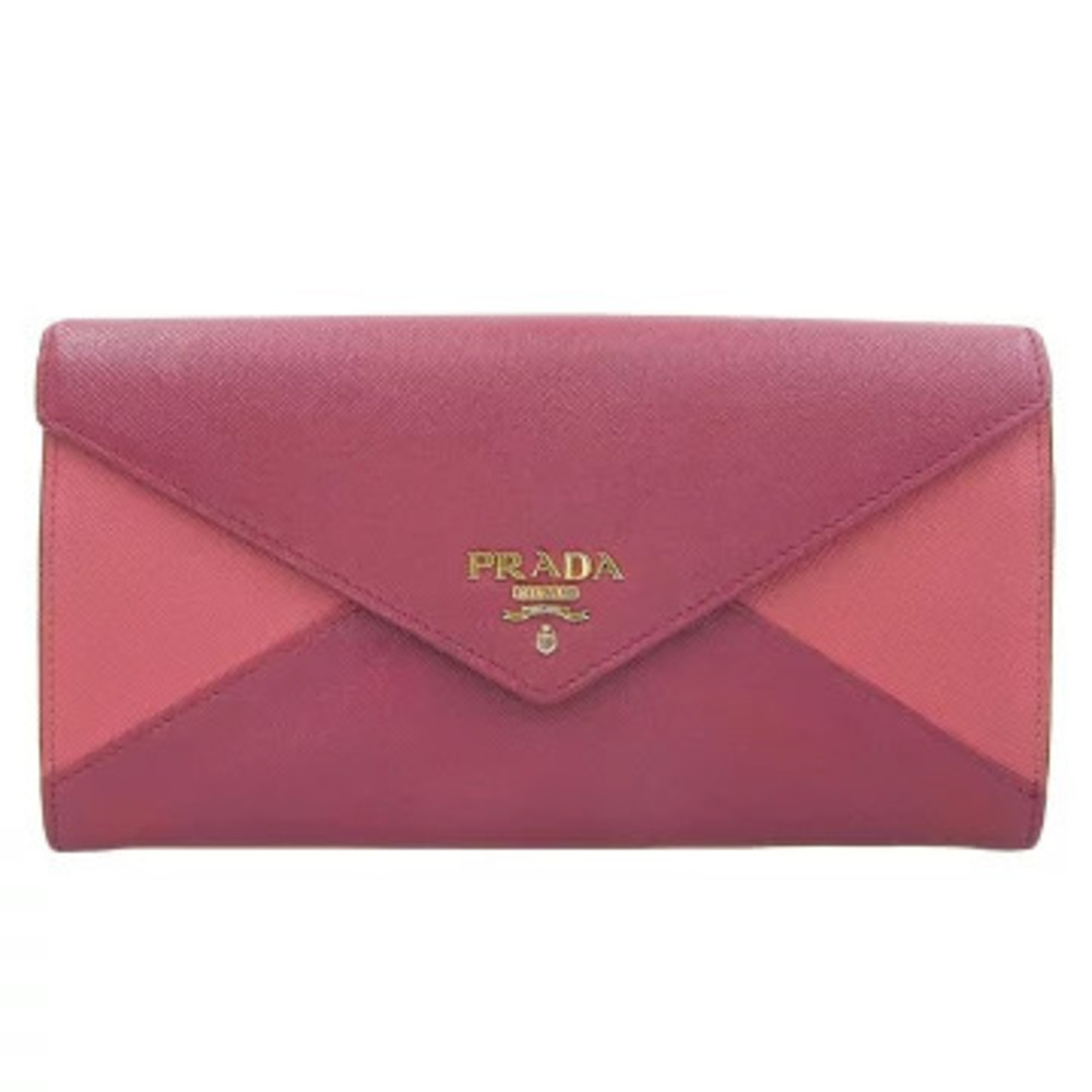 Prada Letter Wallet Bicolor Snap Closure Long Bordeaux Purple Pink Case